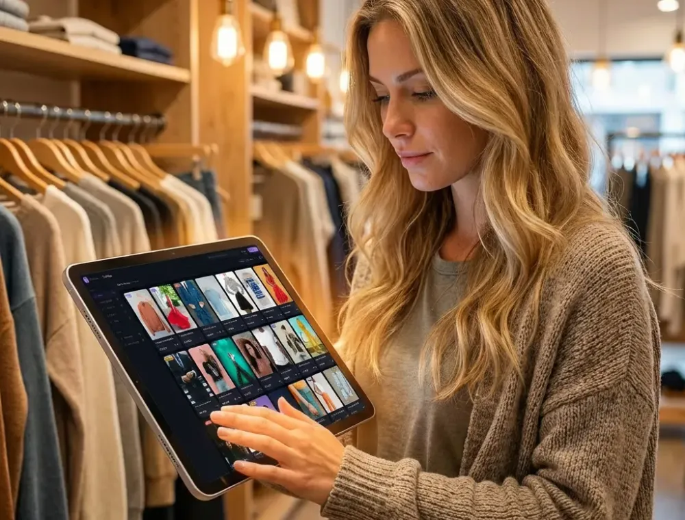 Representante comercial de moda apresentando catálogo digital em tablet