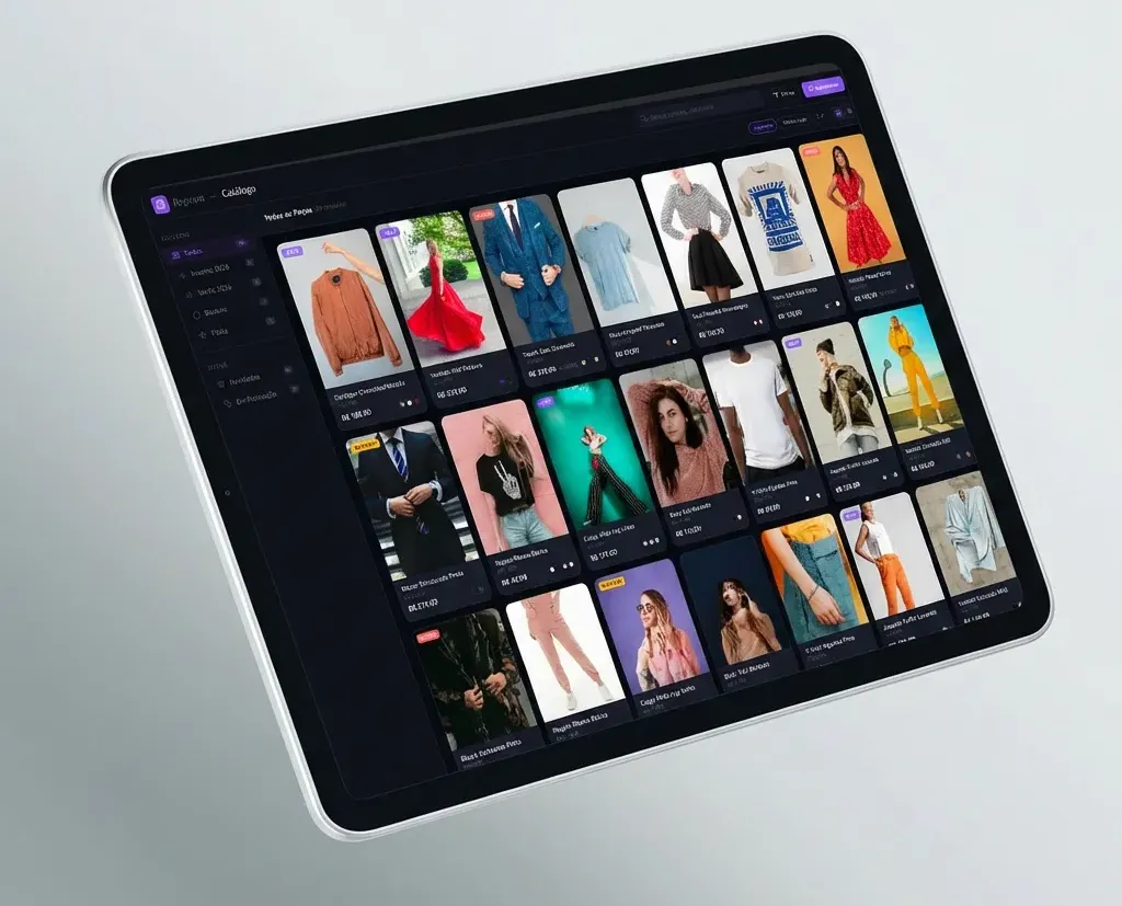 Catálogo digital de moda com fotos de roupas e preços no tablet
