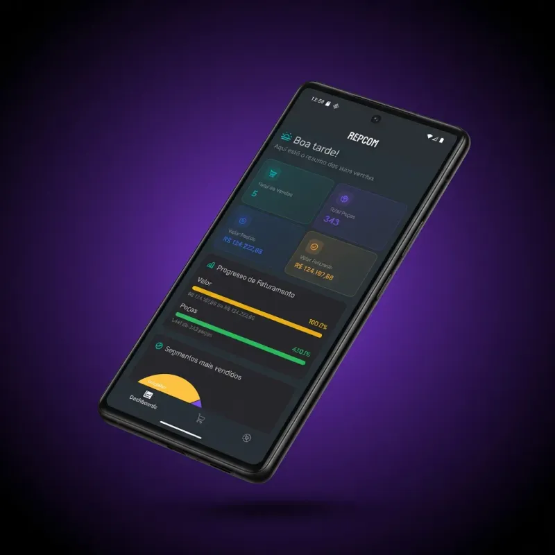 App REPCOM no smartphone com dashboard mobile de vendas